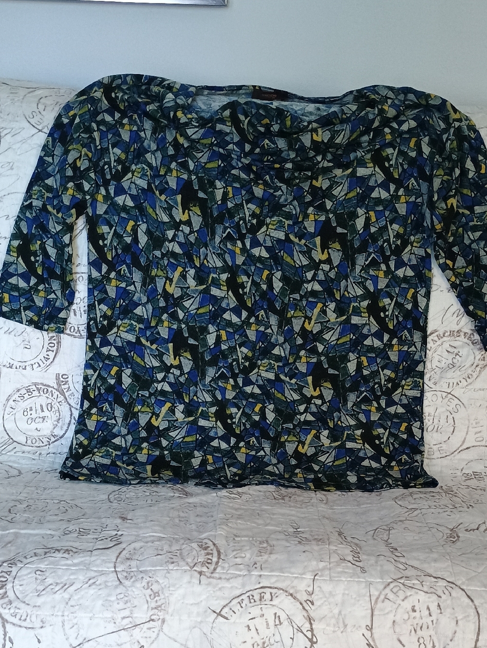 Drop ShoulderWomen's Geometric Print Long Sleeve Tunic Top - Blue/Black/ Yellow